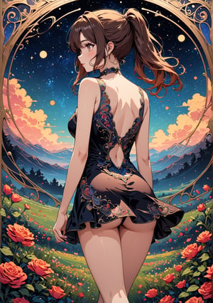 Masterpiece, 4K, ultra detailed, ((solo)), pretty ponytail hair girl walking in roses garden, detailed hazel color eyes, wearing sexy ombre shiny satin mini dress, epic night sky, more detail XL, SFW, depth of field,Ink art, art nouveau style,