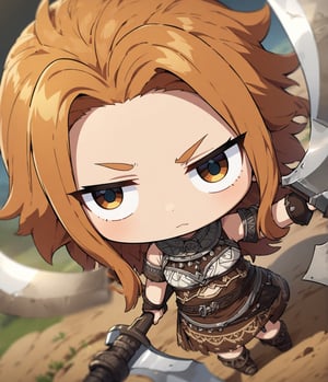 Masterpiece, 4K, ultra detailed, ((solo)), chibi anime style, viking woman with ginger hair, big detailed eyes, holding double sided battle axe, more detail XL, SFW, dynamic angle, depth of field,