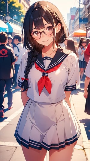 Young woman in braid hair, sailor costume, collar, black hair, glasses, embarrassed smile, arms behind back, open stance, on the street, in front of crowd, cowboy shot, bokeh, masterpiece, super detail, best quality
