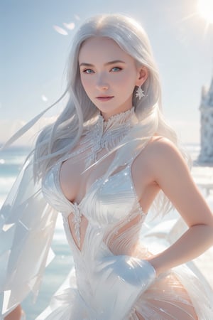 8K resolution, intricate detail, sophisticated detail, portrait of girl with IceAI dress, silver hair, albino girl, pale skin, big breasts, clevage, (highly detailed:1.2),(best quality:1.2),(8k:1.2), sharp focus, subsurface scattering, award-winning photograph, (professional portrait photography:1.2), RAW photography (very detailed background:1.2), dramatic lighting, by artgerm annie leibovitz wlop herb ritts, IceAI,yuzu, sexy smile, sun_glasses,