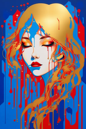 Girl age 17th, liar, stylized pose, aesthetic, contemporary geometric art with a harmonious palette of gold blending with red and blue, evoking a bright and mysterious atmosphere.,Leonardo Style,dripping paint