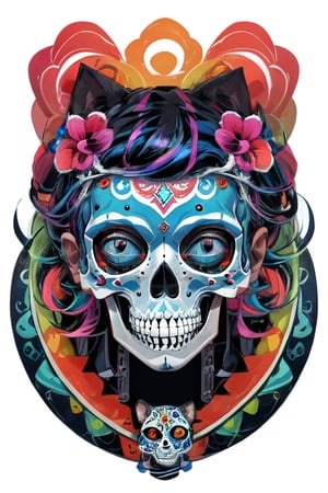 vector t shirt design, vector illustration, abstract representation of sugar skull in a isometric view. jose guadalupe posada style, street art, swirling colors, symbolizing new life and hope. white background, complementary colors,High detailed ,Gwendolyn_Tennyson