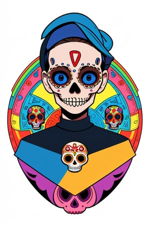 vector t shirt design, vector illustration, abstract representation of sugar skull in a isometric view. jose guadalupe posada style, street art, swirling colors, symbolizing new life and hope. white background, complementary colors