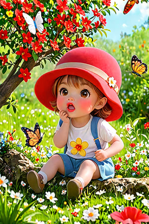 In spring, flowers are blooming. There is a cute little girl wearing a red hat and T-shirt sitting under a flower tree. Her mouth is pouting and her cute expression is really cute and playful. Wild flowers are blooming and butterflies are flying. It's like a fairyland. Movie scene. Depth of field. ,