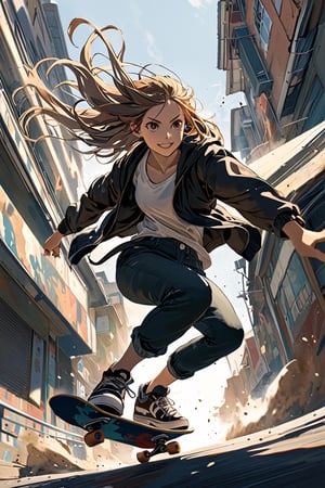 1Girl,(low angle shot:1.5),
The illustration depicts a spirited girl with a confident stance, her hair flowing behind her as she effortlessly maneuvers her skateboard. With determination in her eyes and a hint of a smile on her lips, she tackles the urban landscape with skill and grace. The low-angle perspective adds a sense of drama and dynamism to the scene,newhorrorfantasy_style,action shot, dynamic pose action 