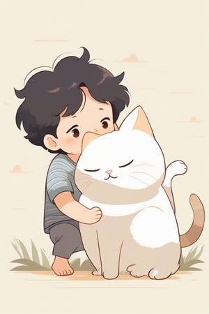 little boy playing with cute fat cat,black hair,long hair, summer day, symmetry face, niji style, ghibli style, dynamic pose action 