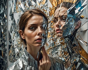 chronic stress, persistent depression, avoidant personality disorder and schizoid personality disorder, photo of Cinematic shot of a woman, looking at a painting without seeing it, in the style of futuristic fragmentation, metallic surfaces, trapped emotions depicted, ray tracing, narrative diptychs, sharp focus, photorealistic, realistic