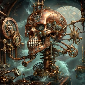 steampunk mechanical scull, copper human scull, shiny copper, steam, pressure valves, dials, intricate details, luxury renaissance steampunk interior, photo, photography, sharp focus, detailed, carries the machinery of a watch, actually a watch,aw0k euphoric style,DonMM4g1cXL ,darkart