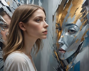 stress, persistent depression, avoidant personality disorder and schizoid personality disorder, photo of Cinematic shot of a woman, looking at a painting without seeing it, in the style of futuristic fragmentation, metallic surfaces, trapped emotions depicted, ray tracing, narrative diptychs, sharp focus, photorealistic, realistic