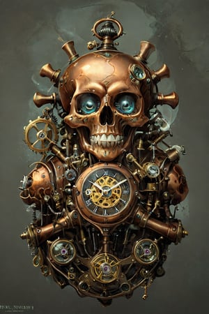 steampunk mechanical scull, copper human scull, shiny copper, steam, pressure valves, dials, intricate details, luxury renaissance steampunk interior, photo, photography, sharp focus, detailed, carries the machinery of a watch, actually a watch,aw0k euphoric style,DonMM4g1cXL ,darkart, in the style of esao andrews,Vogue,sticker