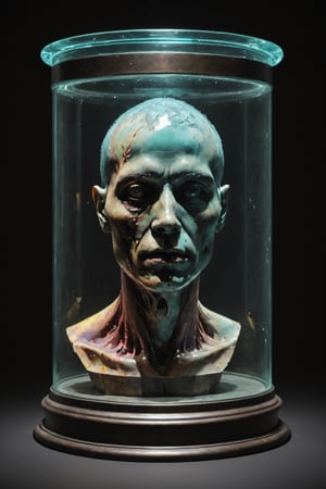 glass-coloured, dark background, severed human head in a modern glass case