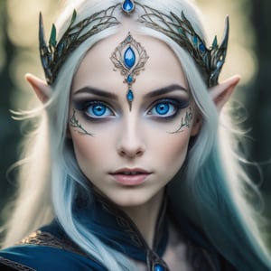 face photo of 28 y.o elven woman,deep blue eyes, makeup, film grain
