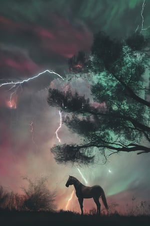 cosmic canvas, cloudy background, huge green horse-shaped storm cloud, silhouetted pines in foreground, lightning, foggy conditions, Bokeh, Flustered, anaglyph effect, intricate details, National Geographic, martius_storm, scrunge, photo by phst artstyle