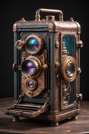 glass-coloured, dark background, vintage camera in a steampunk showcase, 