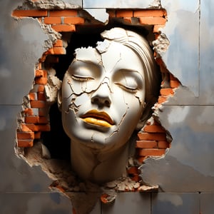 Image of a classical sculpture of a cracked female face, with serene, closed eyes, emerging from a cracked and peeling wall. The face has a network of cracks, as if it were made of porcelain or brittle plaster. The sculpture seems to peel away from the crumbling brick wall around it, which has a rough, tactile texture. The colour palette should be muted, with brick tones for the wall and a pale tone for the face, highlighted by black lips., aurorapunk, a whimsical sunset influencing the sun, a fantastic view, a detailed and complex view. and a quality background. Vintage film grain, tetradic colours, rust style, vantablack aura, golden ratio, rule of thirds, cinematic lighting Dark and magical realism. Deep zoom complementary poisonous colours Memphis style, deep zoom abstract bokeh background, ,DissolveSdxl0,shards, soil element