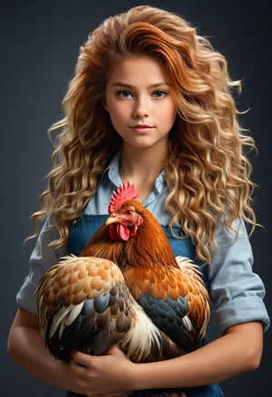 breathtaking (masterpiece:1.1),(highest quality:1.1),(HDR:1),girl with really wild hair,mane,multicolored hairlighting,(from front:0.6),, award-winning, professional, highly detailed, she holds a hen
