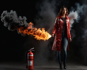 [woman with fire extinguisher, fire extinguisher coloured smoke, translucent
 ], intricate design, photorealistic, hyper-realistic, high definition, extremely detailed, cinematic, UHD, HDR, 32k, ultra hd, realistic, dark muted tones, highly detailed, perfect composition, beautiful intricate detailing incredibly detailed octane render, trending on artstation