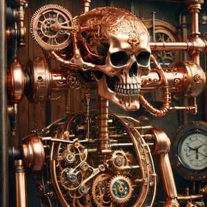 steampunk mechanical scull, copper human scull, shiny copper, steam, pressure valves, dials, intricate details, luxury renaissance steampunk interior, photo, photography, sharp focus, detailed, carries the machinery of a watch, actually a watch,aw0k euphoric style,DonMM4g1cXL 