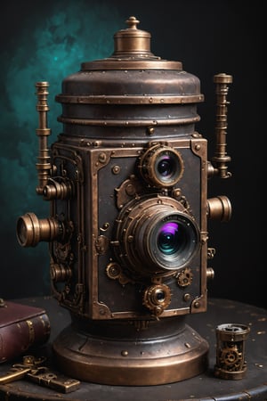 restrained colour, dark background, vintage camera in a steampunk urn