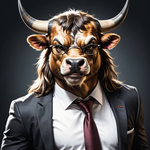 generate me the image of a Spanish fighting bull but as a mythological being, make him look like a Greek god, humanise him, focus on his head, give him human personality but animal appearance, dark background, the bull is smiling, he is wearing a suit, white shirt and tie, he has myopic glasses on, long hair