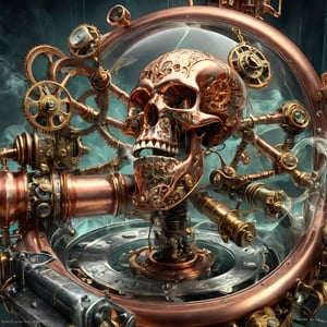 steampunk mechanical scull, copper human scull, shiny copper, steam, pressure valves, dials, intricate details, luxury renaissance steampunk interior, photo, photography, sharp focus, detailed, carries the machinery of a watch, actually a watch,aw0k euphoric style,DonMM4g1cXL 