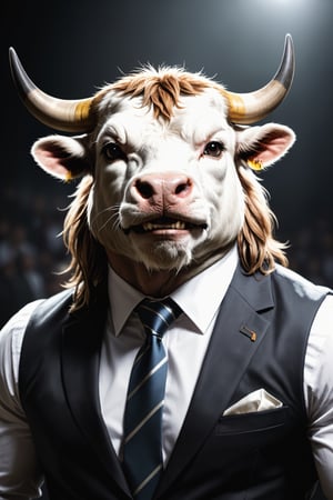 generate me the image of a Spanish fighting bull but as a mythological being, make him look like a Greek god, humanise him, focus on his head, give him human personality but animal appearance, dark background, the bull is smiling, he is wearing a suit, white shirt and tie, he has myopic glasses on, long hair