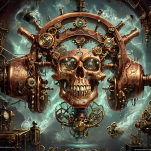 steampunk mechanical scull, copper human scull, shiny copper, steam, pressure valves, dials, intricate details, luxury renaissance steampunk interior, photo, photography, sharp focus, detailed, carries the machinery of a watch, actually a watch,aw0k euphoric style,DonMM4g1cXL ,darkart