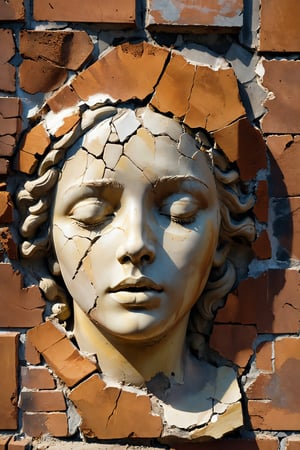 Image of a classical sculpture of a cracked female face, with serene, closed eyes, emerging from a cracked and peeling wall. The face has a network of cracks, as if it were made of porcelain or brittle plaster. The sculpture seems to peel away from the crumbling brick wall around it, which has a rough, tactile texture. The colour palette should be muted, with brick tones for the wall and a pale tone for the face, highlighted by black lips., aurorapunk, a whimsical sunset influencing the sun, a fantastic view, a detailed and complex view. and a quality background. Vintage film grain, tetradic colours, rust style, vantablack aura, golden ratio, rule of thirds, cinematic lighting Dark and magical realism. Deep zoom complementary poisonous colours Memphis style, deep zoom abstract bokeh background, 