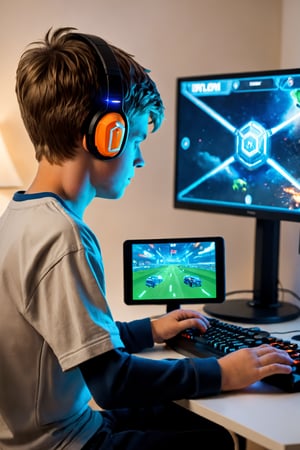 year 2020, a young boy plays computer games in his room.
