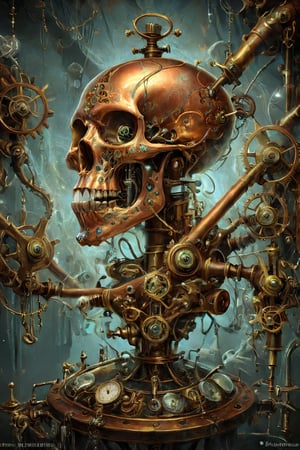 steampunk mechanical scull, copper human scull, shiny copper, steam, pressure valves, dials, intricate details, luxury renaissance steampunk interior, photo, photography, sharp focus, detailed, carries the machinery of a watch, actually a watch,aw0k euphoric style,DonMM4g1cXL ,darkart, in the style of esao andrews,Vogue