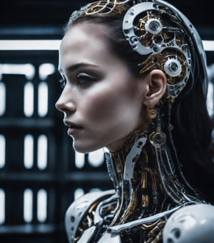 Generate a stunning 8K UHD image with a DSLR quality close-up of an enigmatic and mysterious unknown human race. Capture the ethereal beauty of their porcelain skin adorned with intricate biomechanical details, including a highly detailed mechanical exoskeleton. Use soft lighting to enhance the otherworldly aura and incorporate a film grain effect reminiscent of high-quality Fujifilm XT3 photography. Make sure the image shows the raw and captivating essence of this biomechanical being.