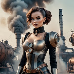 a young woman, postapocalypse, cyborgdiffusion, (retrofuturism), steampunk, silky skin, ((full body height)), (skin texture:1.2), (high detailed skin:1.3), ambient smoke, haze, (photorealism), (hyperrealism), cinematic, grain of old film, 8k uhd, dslr, hdr, retro color  
