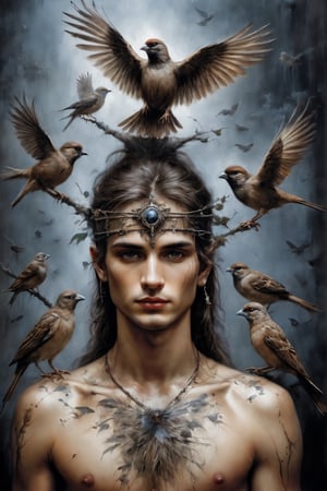 Luis royo style, acrylic paint and spray paint, 8K, rule of thirds, 
intricate, dark lighting, Flickr, well focused, atmospheric, dramatic, highly detailed, a young man has birds around his head, sparrows flutter around his head