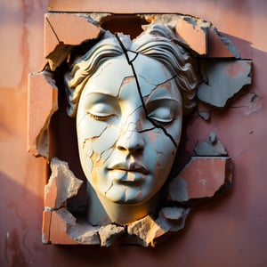 Image of a classical sculpture of a cracked female face, with serene, closed eyes, emerging from a cracked and peeling wall. The face has a network of cracks, as if it were made of porcelain or brittle plaster. The sculpture seems to peel away from the crumbling brick wall around it, which has a rough, tactile texture. The colour palette should be muted, with brick tones for the wall and a pale tone for the face, aurorapunk, a whimsical sunset influencing the sun, a fantastic view, a detailed and complex view. and a quality background. Vintage film grain, tetradic colours, rust style, vantablack aura, golden ratio, rule of thirds, cinematic lighting Dark and magical realism. Deep zoom complementary poisonous colours Memphis style, deep zoom abstract bokeh background, ,DissolveSdxl0,shards, soil element