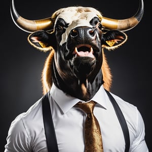 generate me the image of a Spanish fighting bull but as a mythological being, make him look like a Greek god, humanise him, focus on his head, give him human personality but animal appearance, dark background, the bull is smiling, he is wearing a suit, white shirt and tie, he has myopic glasses on, long hair, 