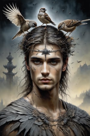 Luis royo style, acrylic paint and spray paint, 8K, rule of thirds, 
intricate, dark lighting, Flickr, well focused, atmospheric, dramatic, highly detailed, a young man has birds around his head, sparrows flutter around his head