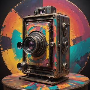 Integrate a 19th-century camera into the digital artwork, seamlessly blending it with abstract geometric elements and a vivid color palette. Capture the essence of the bygone era while infusing a touch of modernity through abstract geometry and a burst of vibrant colors. Let the interplay between the antique camera and contemporary abstract elements create a visually compelling and time-transcendent composition,colorful,Contained Color