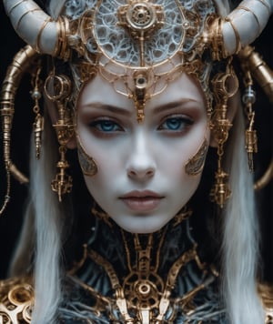 raw photo, enigmatic close-up photograph, ethereal beauty of a mysterious tiefling, with intricate biomechanical details, porcelain skin, exo skeleton, (high detailed mechanical skin:1.2), 8k uhd, dslr, soft lighting, high quality, film grain, Fujifilm XT3
