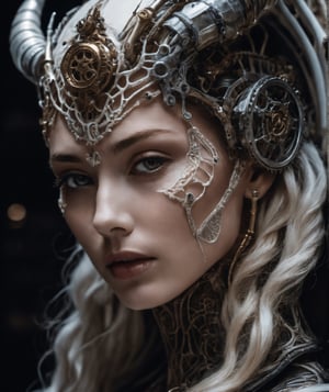 raw photo, enigmatic close-up photograph, ethereal beauty of a mysterious tiefling, with intricate biomechanical details, porcelain skin, exo skeleton, (high detailed mechanical skin:1.2), 8k uhd, dslr, soft lighting, high quality, film grain, Fujifilm XT3