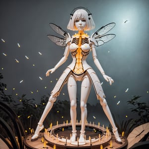 raw photo of the dark art sculpture white wooden automaton that comes to life when you approach it, futuristic background, close-up, masterpiece, high quality, hyper-detailed, ,firefliesfireflies