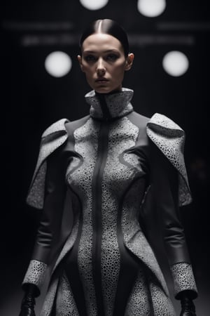 An elegant female super model at London Fashion Week, wearing a costume designed by Thom Browne with design elements including 3D generative Voronoi artwork created by artificial intelligence black-white textile materials polarized.toplight lighting photographed with Sony A7 IV
,cyberpunk style,cyborg style,monster