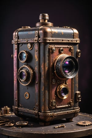 colour content, dark background, vintage camera in steampunk container