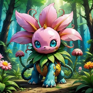 A Plantbulb-type digimon with a large flower blooming from its head and it moves by root-like tentacles and can also flaot in air is curious and is very cute, colors are primarily light pink with vivid blue yellow and orange and green eyes, background flower forest
