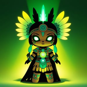 Poas with green-yellow and glowing green-yellow palette with background in kachina doll art style