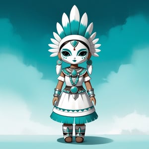 Anaphylax with silver white and teal palette with background in kachina doll art style