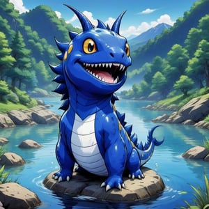 A larva digimon who's skin has not fully hardened because it lives underwater swimming in lakes and rivers with its large tail and sometimes climbs on rocks to vocal train and can sing enemies to sleep, colors are primarily indigo blue with white, swimming in a lake,comic book