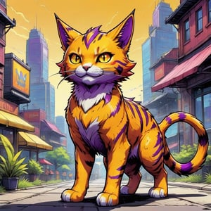 A digimon which has cat-like characteristics and is capricious frivolous curious and sometimes lonely it can puff up its tail when threated and attack with it, colors are primarily rich-yellow with light-purple stripes and orange-red eyes, outside under the sun and rain in color sketch note art style,comic book