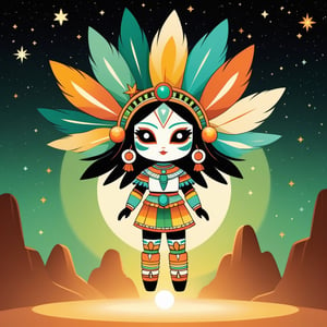 Astral with tan green orange-yellow palette with background  in kachina doll art style