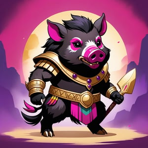 Assault-Boar with violet fuchsia and gold palette with background   in kachina doll art style