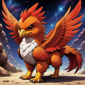 A restless chick digimon that never stands still and hates having its tail touched, colors are primarily orange-brown and red-brown and tan with red tails n feathers, background cosmic,comic book